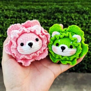 handmade crochet cute fruits finished cabbage dog, mini tabletop xmas decoration, the leaves on the head of the fruit have hanging rings,you can easy to hang it on keyring,purse,bag,wallet,car keychain and so on