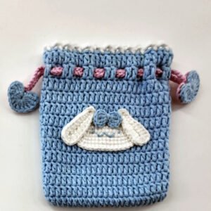 blue bunny hand knitted drawstring pouch; cute 3d rabbit ear design; soft cotton earphone & lipstick bag; kawaii animal mini purse; daily use; ideal gift for bunny lovers, her & kids; lightweight & durable; holds airpods, lip gloss, coins and keys