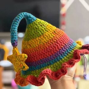 child hand knitted rainbow witch hat;colorful elf hat；unique design; soft cotton crochet hat; kids hat; daily wear; ideal gift for halloween & cosplay; lightweight & durable; eye catching rainbow stripes
