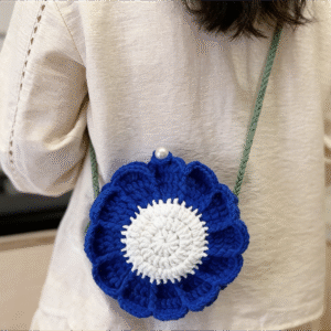 flower hand knitted crossbody bag; no zipper, only a pearl clasp ;unique design; soft cotton crochet pouch; round shoulder bag; adjustable strap; daily use; ideal gift for birthday; casual outings; lightweight & portable; kids friendly, holds snacks and water cups
