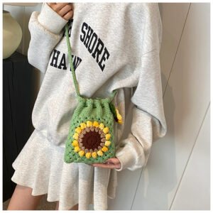 green hand knitted sunflower crossbody bag, soft cotton crochet shoulder purse;drawstring phone pouch with adjustable strap for daily commute;durable, lightweight, cute floral design for women and girls;ideal gift for birthday, mother's day, casual outings and travel