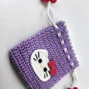 purple cat hand knitted drawstring pouch; cute 3d kitty ear design; soft cotton earphone & lipstick bag; kawaii animal mini purse; daily use; ideal gift for cat lovers, her & kids; lightweight & durable; holds airpods, lip gloss, coins and keys