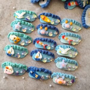 set of 2 random ocean themed hand knitted hair clips; unique handmade crochet hair accessories; cute marine style knitted barrettes; adorable hair decor for kids & adults; daily wear & gift use; ideal for summer & beach outings; soft & gentle on hair