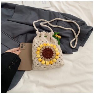 beige hand knitted sunflower crossbody bag, soft cotton crochet shoulder purse；drawstring phone pouch with adjustable strap for daily commute；durable, lightweight, cute floral design for women and girls；ideal gift for birthday, mother's day, casual outings and travel