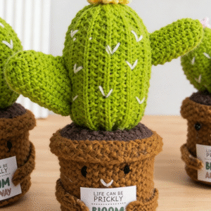 hand knitted big smiling cactus potted plant; unique design; soft cotton crochet succulent decor; mini tabletop ornament; daily home & office use; ideal gift for birthday & encouragement; durable & maintenance free; spritz with perfume for natural scent diffusion, releases your unique fragrance