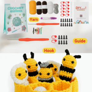 diy crochet bee & honeycomb set kit – beginner friendly craft kit；this all in one crochet kit is designed for craft lovers and absolute beginners! it includes everything you need to create an adorable crocheted bee family with a cozy honeycomb base—no extra supplies required.