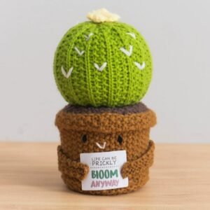hand knitted smiling barrel cactus potted plant; unique design; soft cotton crochet succulent decor; mini tabletop ornament; daily home & office use; ideal gift for birthday & encouragement; durable & maintenance free; spritz with perfume for natural scent diffusion, releases your unique fragrance