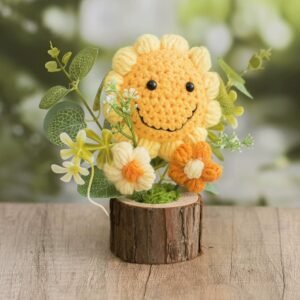 hand knitted smiling sunflower potted plant; unique design; soft cotton crochet floral arrangement; mini tabletop decor; daily home & office use; ideal gift for birthday & mother's day; durable & maintenance free; artificial floral decor; spritz with perfume for natural scent diffusion, releases your unique fragrance