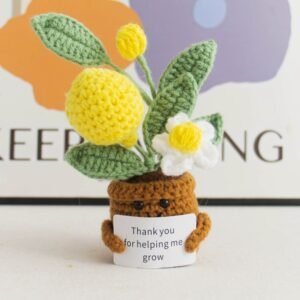 hand knitted lemon potted plant with thank you card; unique design; soft cotton crochet fruit decor; mini tabletop ornament; ideal gift for teachers & mentors; durable & maintenance free; spritz with perfume for natural scent diffusion, releases your unique fragrance