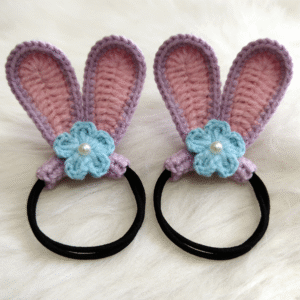 set of 2 3d bunny ear crochet hair ties; unique handmade design; soft cotton knitted hair accessories; cute rabbit ear scrunchies for kids & adults; daily wear & gift use; ideal for parties & casual outings; durable & gentle on hair