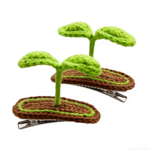 set of 2 hand knitted 3d sprout hair clips ; unique design; soft cotton crochet hair accessories; cute hair decor for kids & adults; daily wear & gift use; ideal for parties & casual outings; durable & gentle on hair; lightweight & comfortable