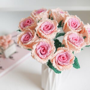 hand knitted single luoshen rose bouquet; unique design; soft cotton crochet floral decor; tabletop & home decoration; ideal gift for valentine's day & anniversary; durable & maintenance free; spritz with perfume for natural scent diffusion, releases your unique fragrance