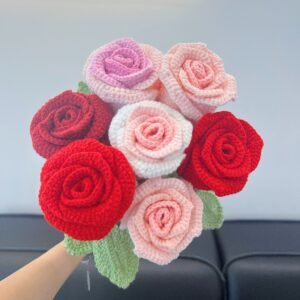 hand knitted single wine glass rose bouquet; unique design; soft cotton crochet floral decor; tabletop & home decoration; ideal gift for valentine's day & anniversary; durable & maintenance free; spritz with perfume for natural scent diffusion, releases your unique fragrance