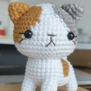 tri color patchwork hand knitted cat keychain; vivid 3d kitten design; soft cotton crochet hanging charm; adorable cartoon style; lightweight & durable; perfect for keys, bags & backpacks; a sweet daily companion for cat lovers of all ages