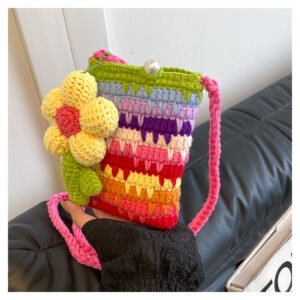 hand knitted rainbow stripe crossbody phone bag, with 3d flower charm, soft cotton, perfect for daily use and gifting.