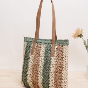 hand woven striped shoulder tote bag, green & beige crochet with pu leather straps, boho daily bag for beach & travel.