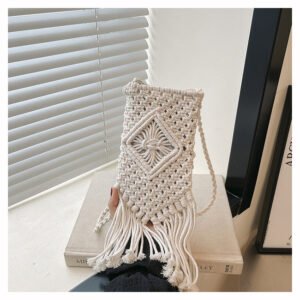 hand knitted macrame tassel crossbody phone bag, boho woven design with fringe, lightweight cotton, ideal daily mini bag & gift.