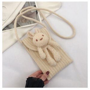 hand knitted beige bunny crossbody bag, fluffy plush rabbit decor, soft knit texture, ideal phone & snack bag & gift