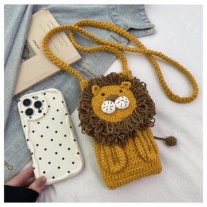 hand knitted lion crossbody phone bag, cute cartoon design with curly mane, soft cotton, ideal daily mini bag & gift