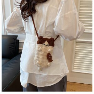 hand knitted cat crossbody phone bag, cute cartoon design with fish charm, soft cotton, ideal daily mini bag & gift.