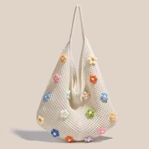 hand knitted colorful flower shoulder bag, soft mesh crochet, vibrant 3d floral decor, perfect daily tote and gif