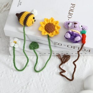 hand knitted bookmark set (bee, sunflower, rabbit), soft cotton yarn, unique cute charm, safe & practical decor, meaningful nature keepsake.