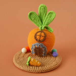 hand knitted carrot house phone stand, soft cotton yarn, unique whimsical charm, safe & functional decor, meaningful cozy keepsake