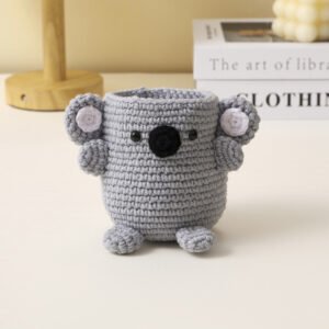 hand knitted koala cup sleeve, soft cotton yarn, unique cute charm, safe & practical decor, meaningful cozy keepsake