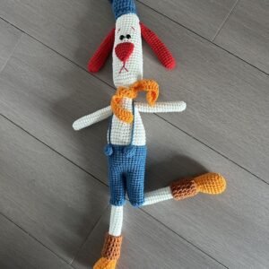 hand knitted long legged dog doll, soft cotton yarn, unique companion doll, safe & cozy for kids, meaningful childhood keepsake