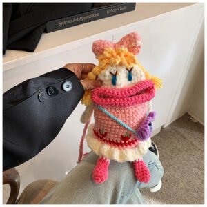 hand knitted pink doll crossbody bag, cute cartoon design with braids & bow, perfect snack & phone holder for girls, unique gift