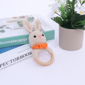 hand crochet orange bunny teething ring, soft cotton yarn with wooden ring, safe sensory toy for babies, meaningful early childhood keepsake