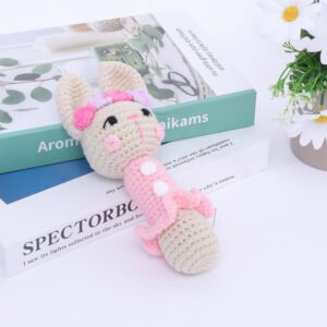 hand crochet pink bunny handle rattle, soft cotton yarn, safe sensory toy for babies, meaningful early childhood keepsake