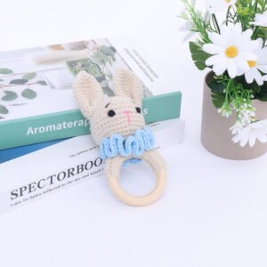 hand crochet blue bunny teething ring, soft cotton yarn with wooden ring, safe sensory toy for babies, meaningful early childhood keepsake