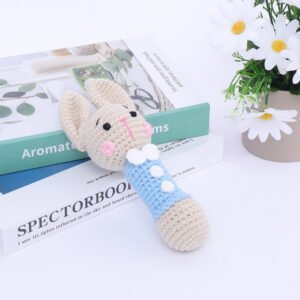 hand crochet blue bunny handle rattle, soft cotton yarn, safe sensory toy for babies, meaningful early childhood keepsake