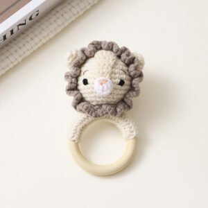 hand crochet puppy teething ring (no rattle sound), soft cotton yarn with wooden ring, safe sensory toy for babies, meaningful early childhood keepsake