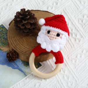 hand crochet santa claus teething rattle, soft cotton yarn with wooden ring, safe festive sensory toy for babies, meaningful holiday newborn keepsake
