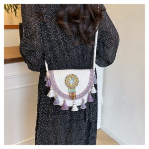 hand woven bohemian crossbody bag, beaded tassel decor, lightweight straw material, perfect beach & travel tote & gift