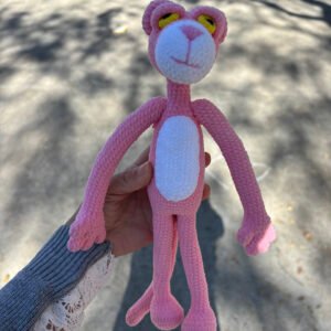 hand crochet long legged pink panther comfort doll, soft chenille yarn, safe cozy companion for kids, meaningful childhood keepsake