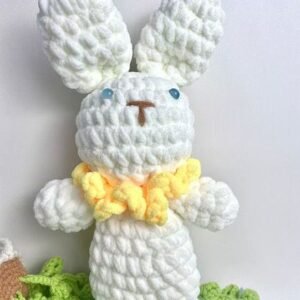 hand crochet white bunny with yellow collar comfort doll, soft chenille yarn, safe cozy companion for kids, meaningful childhood keepsake