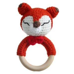 hand crochet fox teething rattle, soft cotton yarn with wooden ring, safe sensory toy for babies, meaningful newborn keepsake