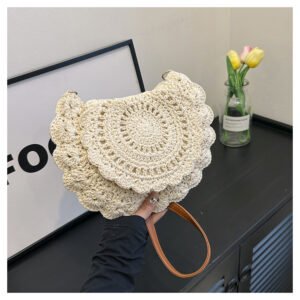 hand knitted white floral scallop crossbody bag, boho crochet design with leather strap, perfect for daily use and gifting