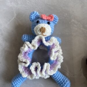 hand crochet blue bear hair scrunchie, soft cotton yarn, cute ruffled design, sweet hair accessory for girls