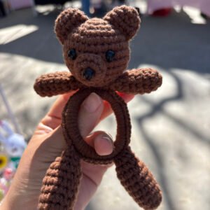 hand crochet brown bear hair scrunchie, soft cotton yarn, cute minimalist design, sweet hair accessory for all ages.