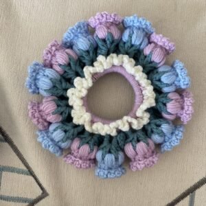 hand crochet pastel flower hair scrunchie, soft cotton yarn, ruffled tulip design, elegant hair accessory for women