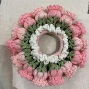 hand crochet pink flower hair scrunchie, soft cotton yarn, ruffled tulip design, sweet romantic hair accessory