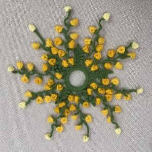 hand crochet yellow cascading flower hair scrunchie, soft cotton yarn, bohemian floral design, elegant hair accessory.