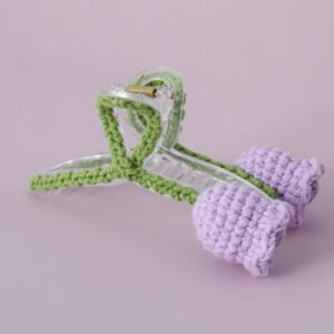 hand crochet purple tulip hair claw clip, soft cotton yarn, elegant floral design, large hair accessory for thick hair