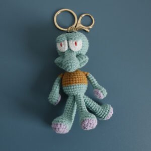 hand knitted squidward tentacles keychain, soft cotton yarn, unique cartoon charm, safe & cozy decor, meaningful spongebob keepsake
