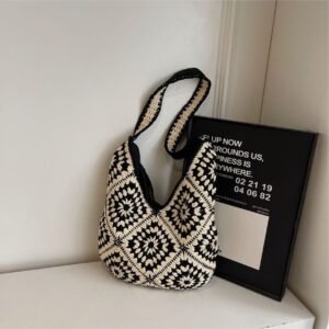 hand knitted black & white geometric shoulder bag, boho floral pattern, spacious tote for daily commuting and gifting