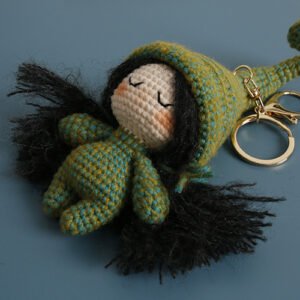 hand knitted forest elf keychain, soft cotton yarn, unique fairy charm, safe & cozy decor, meaningful magical keepsake